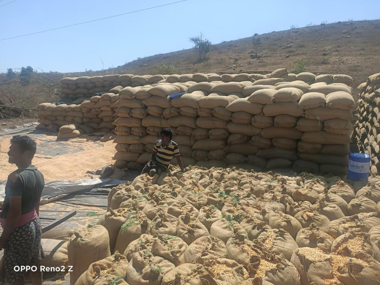 Sacks stacked outdoors